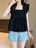 Camisa doce versátil estilo francês com decote quadrado, novo design vintage de verão, top babydoll curto acinturado com mangas bufantes