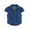 Roupas Femininas Europeias e Americanas Transfronteiriças AliExpress Venda Quente Moda Casual Gola Lapela Manga Curta Top Plissado + Conjunto de Shorts