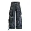 Calça Jeans Oreeta Estilo Americano High Street Desgastada Tingida Suja para Homens e Mulheres com Múltiplos Bolsos e Design de Fita, Calça Larga Solta
