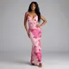 Novo Vestido Longo Casual Elegante Sexy Europeu e Americano Transfronteiriço para Mulheres com Alças Estampadas Decote Profundo nas Costas que Cobre o Quadril