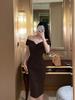 [Qué romántico] vestido con hombros descubiertos para mujer verano francés entallado plisado recto con abertura vestido de banquete falda larga
