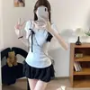8529 # Camiseta de manga corta de verano nueva de estilo dulce con estampado de lunares, retazos de lazo para mujer con almohadilla para el pecho fija