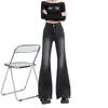 Calça jeans boca de sino preta estilo americano para mulheres, nova coleção primavera 2026, cintura alta, modeladora, elástica, com barra desfiada, calça longa de perna larga