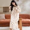 Camisón de Otoño de Manga Larga Ropa para el Hogar Se Puede Usar Afuera Pijama de Algodón Puro con Dibujos Animados para Mujer Falda Midi Casual Simple de Una Pieza para Mujer