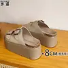 Versão em Couro de Vaca Sandálias Aumentadoras de Altura com Solado Grosso de 8cm para Mulheres Baixas, Confortáveis para os Pés, Sandálias de Bico Aberto para Uso Externo no Verão, Sandálias Estilo Birkenstock