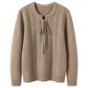 Suéter de cachemira con cuello redondo, patrón trenzado y lazo para otoño e invierno para mujer, jersey de punto, top cálido, capa base elegante