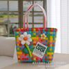 Bolsa de Plástico Tejida a Cuadros de Contraste Dopamina Colorida Accesorios de Flores Bolsa Cesta de Verduras Bolso Grande Tejido a Mano