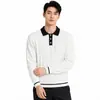 Suéter Polo de Punto para Hombre Estilo Old Money Bloque de Color en el Cuello Textura de Canalé Ropa Exterior Transfronteriza Holgada para Hombre Top de Manga Larga
