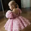 Vestido formal para niños para exportación, con adornos florales 3D, mangas abullonadas y una falda de tul multicapa, perfecto para sesiones de fotos, banquetes y como vestido de princesa para niñas