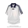 Camisa Polo de Verano para Hombre de Manga Corta, Bloques de Color Rayados, Estilo Deportivo, Peso Pesado, Media Cremallera, Camisa Polo de Manga Corta Estilo Americano