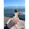 Ondulado, vintage, sexy, diseño de tul multicapa, vestido de hada para mujer, sin espalda, vestido largo de playa para vacaciones