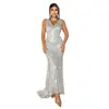 Vestido de noite longo sereia com decote em V e lantejoulas, com pequena cauda, sem mangas, feminino, estilo europeu e americano, slim fit, para comércio exterior, na cor champanhe