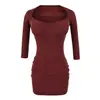 Camiseta com decote coração e manga 3/4 com bojo/vestido para mulheres, primavera e outono, top acinturado, saia curta justa ao corpo