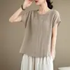 2025 Nueva Camiseta de Algodón y Lino de Manga Corta para Mujer Verano Holgada Casual Delgada de Lino Talla Grande Casual Top Pequeño