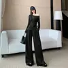 Conjunto de duas peças estilo coreano transfronteiriço: top assimétrico de manga longa com um ombro e calça de perna larga com cintura elástica, moda 2026 casual versátil