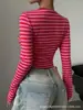 Camiseta de manga larga versátil para mujer, diseño corto a rayas de bloques de color estilo coreano, nueva de otoño, transfronteriza europea y americana
