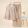 Pijama de Algodão Puro com Textura Plissada em Gaze Dupla, 60 Contagens, Manga Longa para Casal, Roupa de Casa, Conjunto Elegante e Descontraído