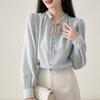 Estilo corte francés oficina de cercanías acetato mezclado cuello de oreja de madera top camisa Tencel para mujer ELXYC65741