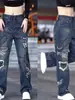 Calça Jeans Personalizada Pintada à Mão com Grafite para Homens, Design Estiloso e Único, Calça Reta de Nicho, Estilo High Street Americano, Calça Longa Solta de Perna Larga