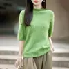 Camiseta de Tricô de Lã Cashmere com Gola Redonda e Borda Enrolada - Nova Coleção Outono/Inverno - Manga Curta - Feminina - Lã - Suéter de Lã - Tendência