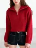 Suéter Vermelho com Gola Alta e Zíper Parcial para Mulheres, Novo Estilo Coreano Outono/Inverno 2026 Estilo Solto Preguiçoso Tricô com Gola Reversível