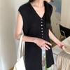 Le Hu 24 Verão Minimalista Temperamento Senso de Design Decote V Slim Cardigan de Tricô Colete sem Mangas Comprimento Médio 6398