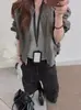 Jaqueta curta patchwork listrada falsa de duas peças com gola baseball para mulheres, bainha com cordão de outono, jaqueta bomber casual solta, moderna