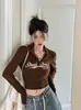 Camiseta Retro Americana de Manga Larga Ajustada para Chicas Atrevidas, de Cintura Alta, Corta, Ceñida, Top Corto, Ropa Interior