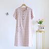 Camisola Feminina de Verão Estilo Simples Xadrez Vestido de Casa Algodão Puro Tingido em Fio Gaze Dupla Comprimento Médio Pijama plus size Fio de Algodão