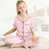 Cardigan Estilo Europeo y Americano Primavera y Verano Manga Corta Pantalón Largo Ropa Interior para Niños Pijama con Cuello para Niñas Conjunto de 2 Piezas para Niños Mayores Ropa de Estar