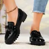2025 Nuevos Mocasines Retro de Charol Brillante con Borlas y Tacón Medio Moda Casual Europea y Americana Tallas Grandes