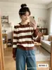 Novo Cardigan Tricot Listrado Gola Redonda Bordado Feminino Estiloso Pequeno Estilo Chanel Versátil Top Casaco de Inverno Francês Suéter