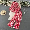 Traje Estampado Estilo Europeo y Americano para Mujer, Camisa de Manga Larga tipo Linterna + Pantalones de Pierna Recta Ancha con Cintura Elástica, Artístico, de Moda y Casual