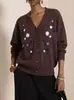Cárdigan de Punto Bordado de Moda Europeo y Americano para Mujer, Nuevo Suéter Abrigo Holgado Vintage Floral con Cuello en V para Otoño e Invierno