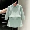 Conjunto de punto para niña estilo coreano, nuevo para otoño e invierno 2026, color verde menta, suéter con cuello polo trenzado y falda para bebé