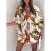 Comércio exterior transfronteiriço europeu e americano mulheres verão manga voadora feminina Amazon V-neck lace-up vestido de praia estampado atacado