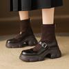 Botas Cortas Mary Jane de Suela Gruesa Estilo Girly Energético 2025 Otoño e Invierno Splicing de Ante de Piel de Vaca de Tacón Alto Grueso
