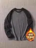 Camiseta de manga larga raglán de terciopelo de doble cara para hombre, otoño e invierno, con costuras cálidas y base de color en contraste, holgada, cuello redondo, para pareja