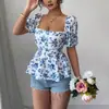 Blusa de Verano Cuadrada con Mangas Abullonadas, Diseño Fruncido en la Espalda, Top Adelgazante que Ceñe la Cintura, Camisa Elegante y a la Moda, Transfronteriza Europea y Americana