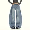 Jeans retos de cintura alta vintage lavado para mulheres, novo estilo, corte solto, emagrecedor, adequado para corpo tipo pera, disfarça, calça longa de perna larga para primavera