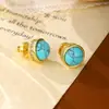Aretes Redondos Pequeños de Ojo de Tigre Turquesa Electrochapados en Oro Real, Estilo Minimalista, Aretes Sencillos de Lujo Ligero para Mujer