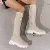Botas Femininas Plus Size Moda Europeia e Americana Outono e Inverno Novas Botas Meia Cano Elástica Fly-Knit Plataforma Solado Grosso Em Estoque Botas Martin
