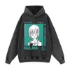 Moletom com Capuz Vintage Lavado Desgastado Estampado de Personagem, Casual Solto Estilo Anime, Moletom Tendência Outono/Inverno, Transfronteiriço