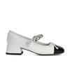 Sapatos novos de primavera e verão de 2024 com corrente de laço, boca rasa, salto médio grosso, camada única, estilo retro francês Chanel, prata, Mary Jane