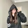 Sudadera con capucha para mujer, diseño de tres rayas con bordado de letras estilo coreano 2026, estilo holgado y casual, chaqueta cárdigan con cremallera
