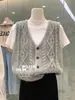 Suéter Colete Cardigan Retrô de Tricô Cinza Feminino Design de Primavera e Outono Peça de Camada Superior