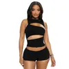 D8105 Amazon Europeo y Americano Más Vendido Conjunto de Ropa para Mujer Sexy y de Moda Color Sólido Hueco Cintura Adelgazante Conjunto de Shorts