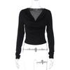 Roupas Femininas Estilo Europeu e Americano 2025 Verão Nova Moda Slim Fit Decote V Profundo Estilo de Nicho Puro Desejo Camiseta de Manga Longa Atacado