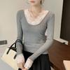 Camiseta Interior de Punto con Encaje para Mujer Otoño e Invierno Nuevo Estilo Camiseta de Manga Larga con Hilo para Mujer Pura Tentación Cuello en U Ajustada