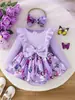 Macacão Vestido de Bebê Menina Primavera e Outono Manga Longa Babado Estampa Borboleta + Faixa de Cabeça com Laço Venda por Atacado de Fábrica
